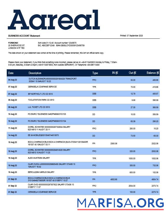 Downloadable Aareal Bank firm account statement Word and PDF template